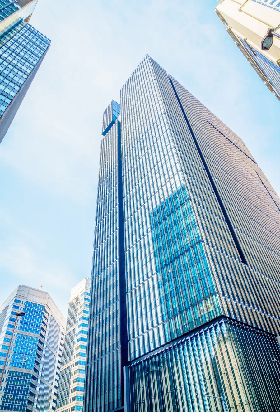 A commercial office tower seen from street level