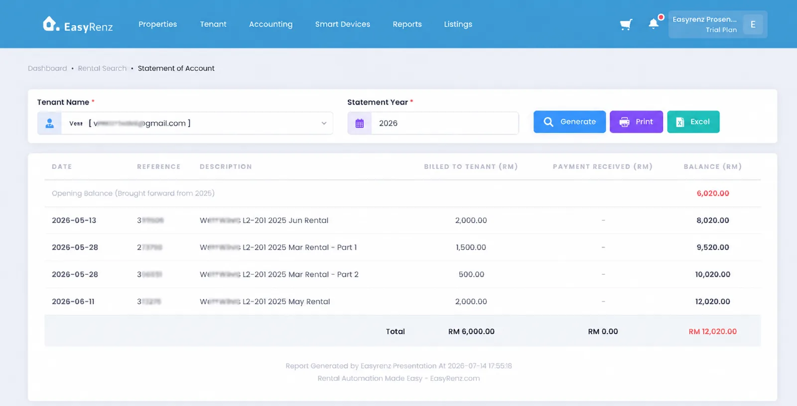 An EasyRenz statement of account listing a tenant's billed rental, payments received and running balance