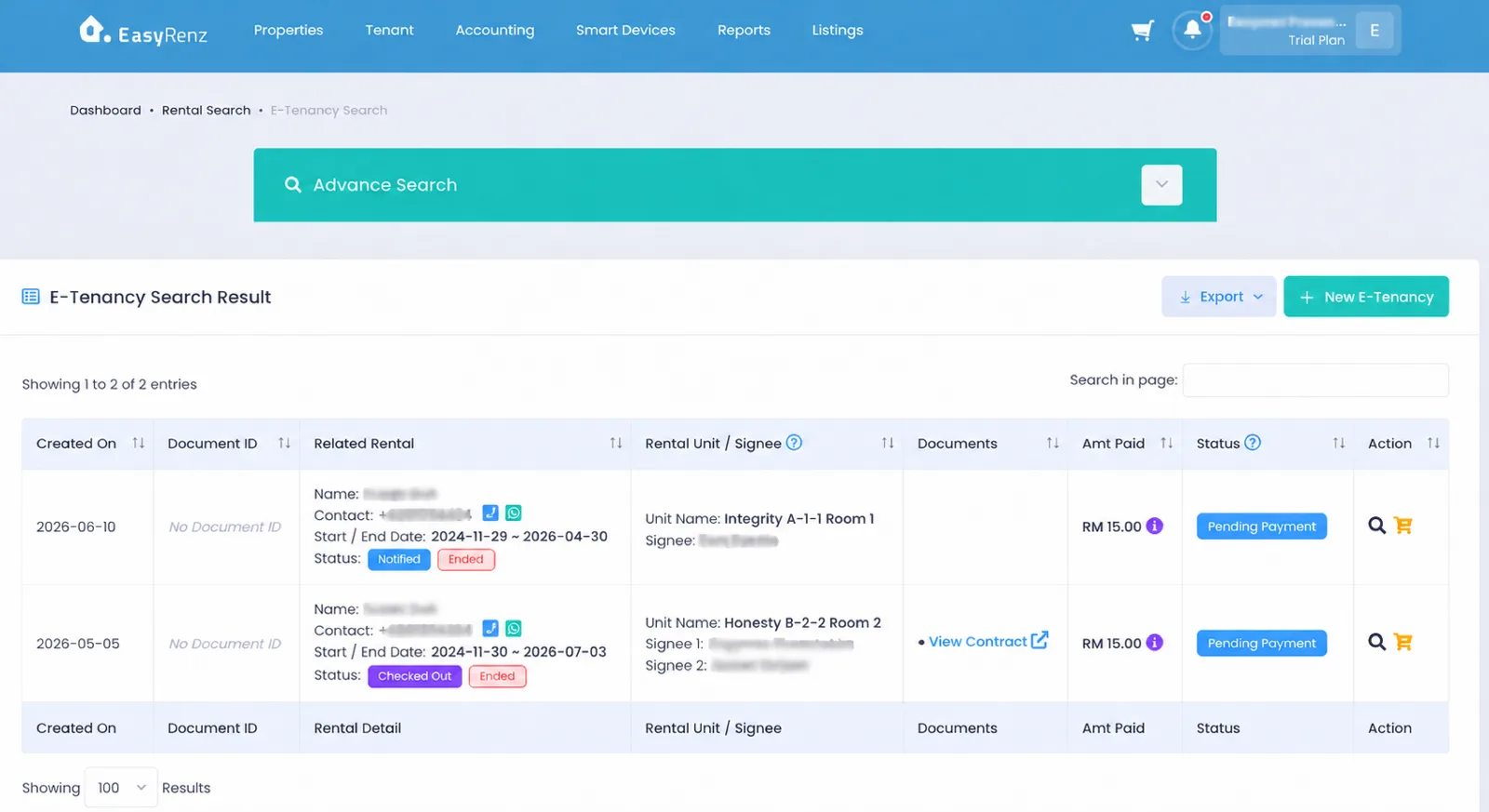 EasyRenz e-tenancy search results listing documents, amounts paid and signing status