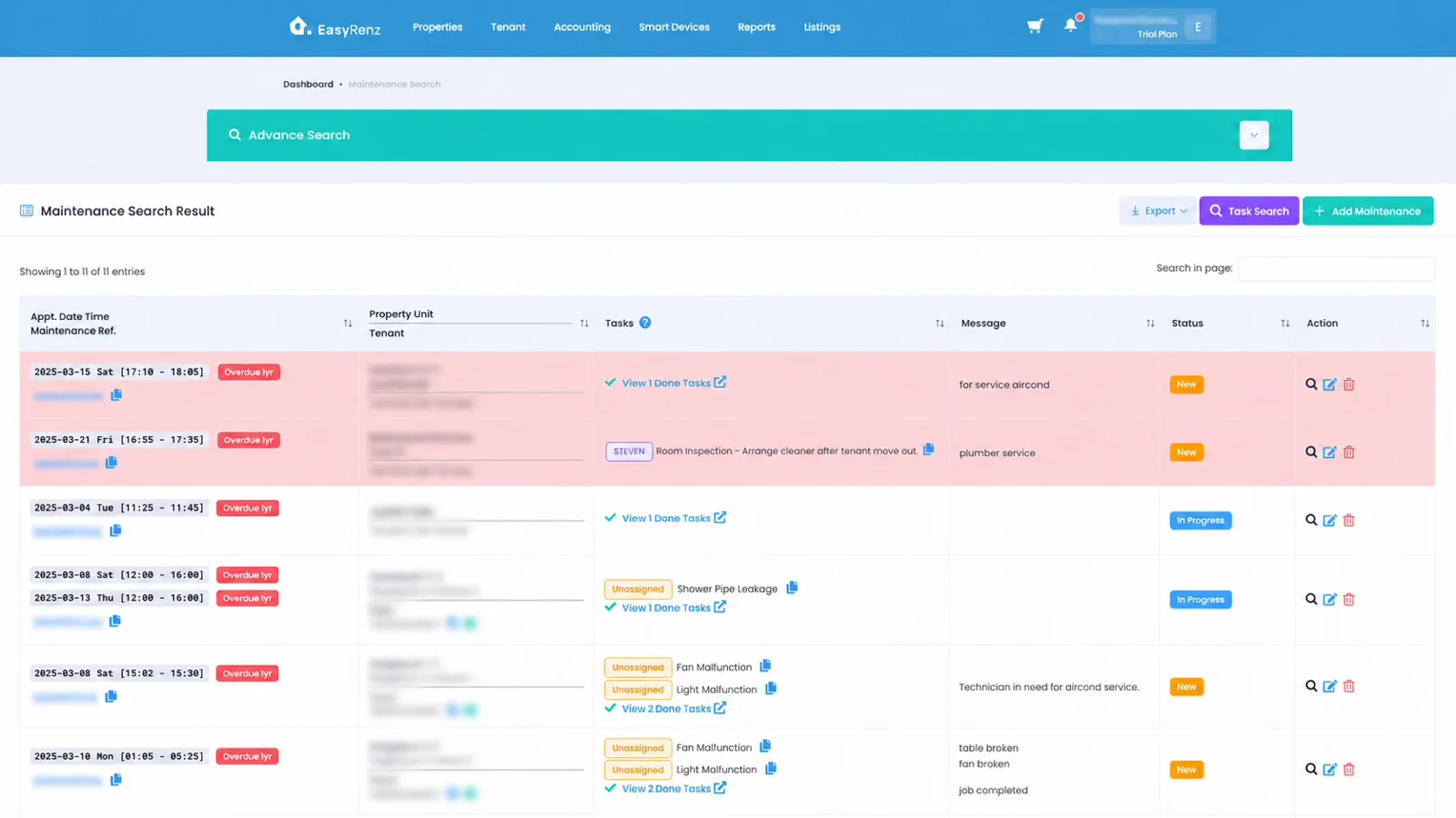 An EasyRenz maintenance list with each request's appointment time, unit, tasks and status