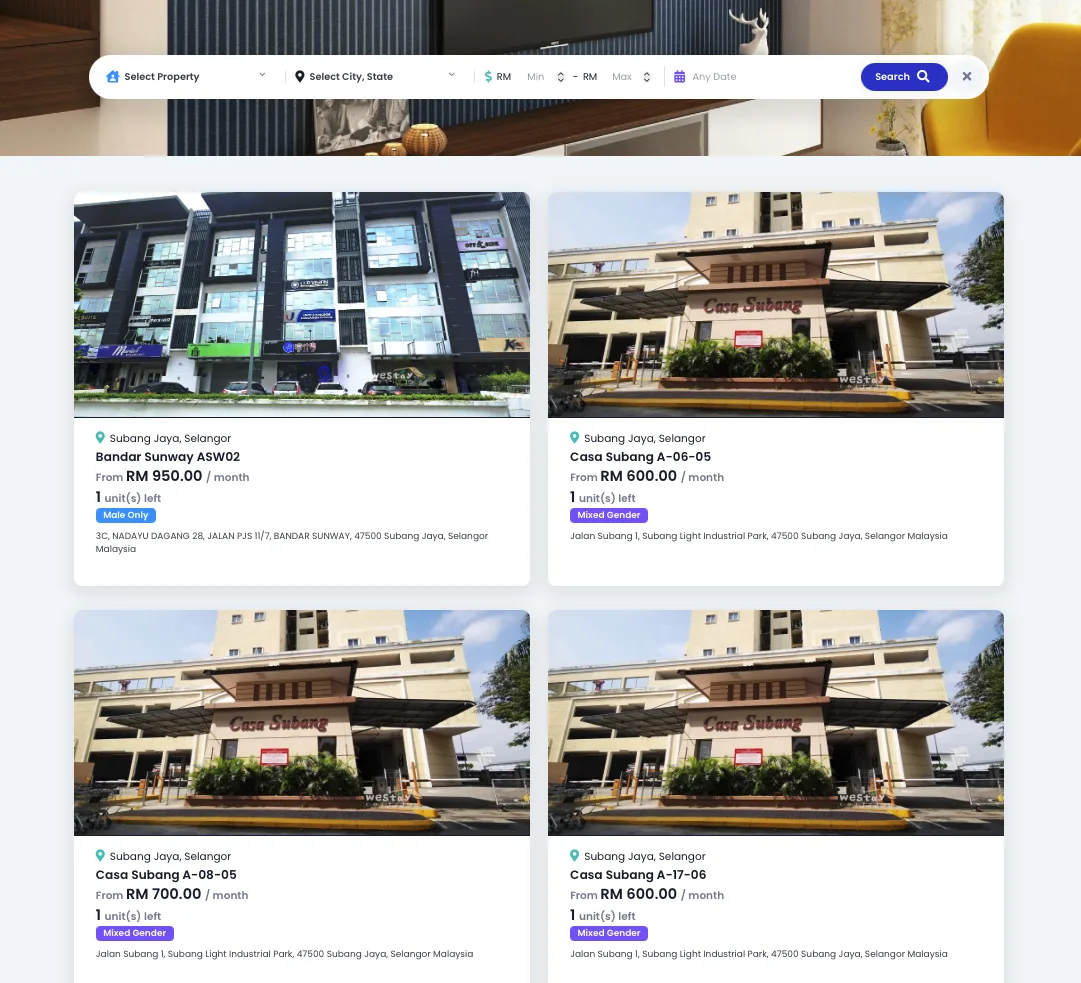 A branded EasyRenz listing website showing rental units with prices, availability and locations