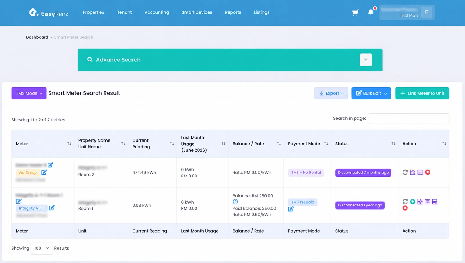EasyRenz smart meter results showing current readings, balances and payment modes per unit