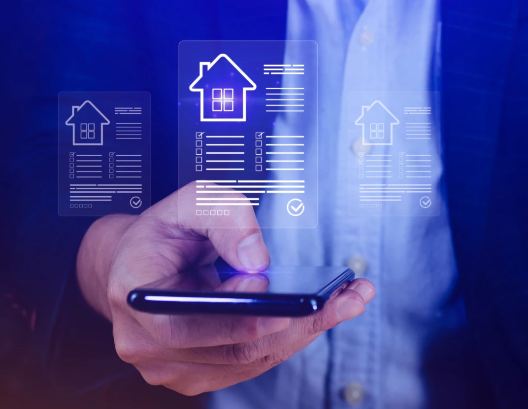 A tenant holding a phone with property records floating above the screen.